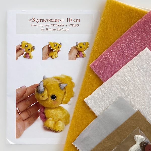 Styracosaur Triceratops - Sewing KIT, Video tutorial DIY stuffed toy pattern, Christmas tree decoration, softie plushie craft kit for adult