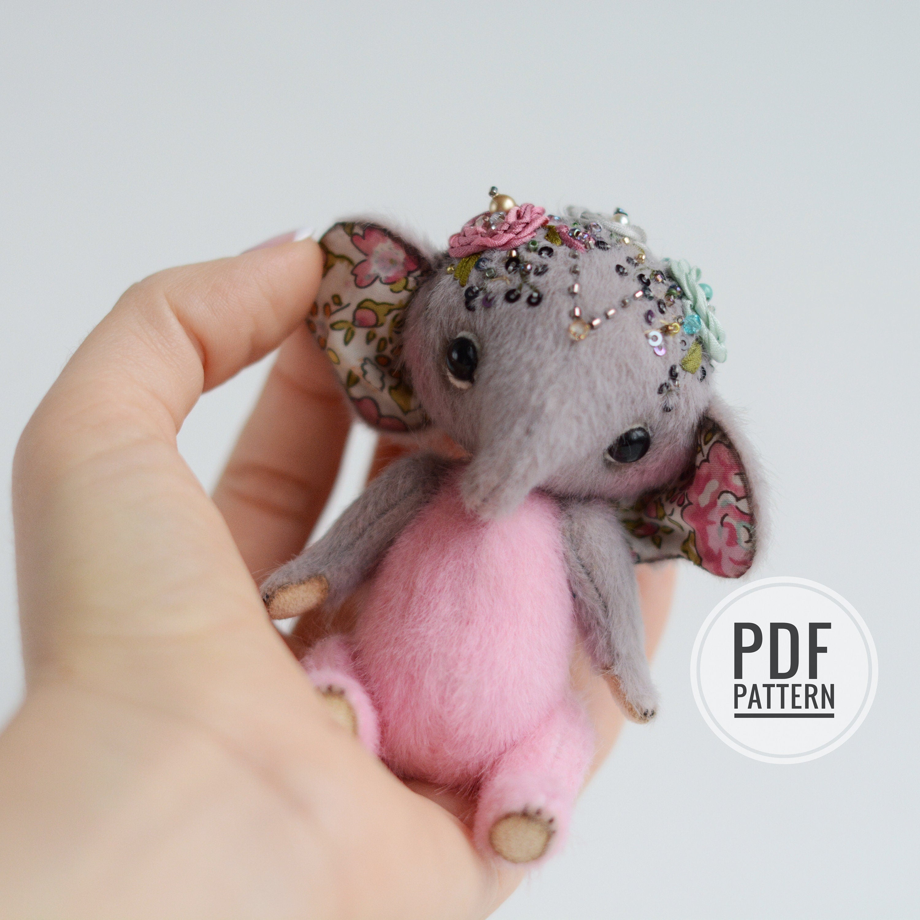 Miniature Teddy Elephant PATTERN PDF text instructions, easy teddy toy pattern for beginners, how to sew elephant stuffed toy