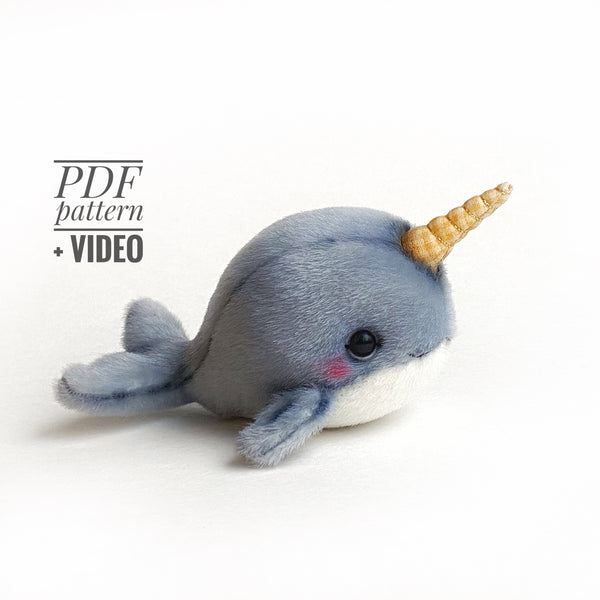 Narwhal PDF sewing pattern Video tutorial Unicorn fish Whale DIY stuffed toy pattern kids toy pattern easy to sew Christmas toy for toddler