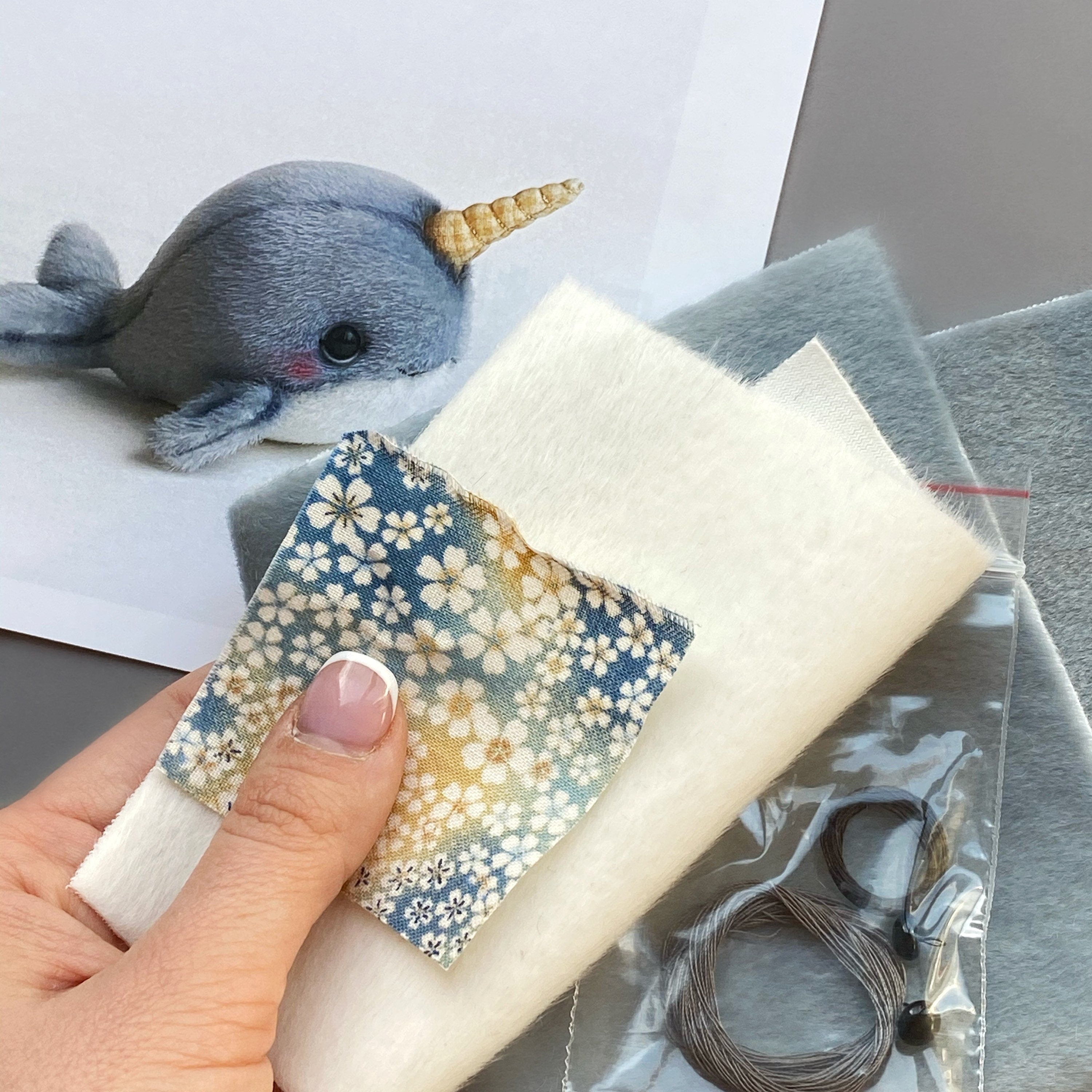 Narwhal - Sewing KIT, artist miniature pattern kit making whale cute fish tutorials, soft toy diy, stuffed animal pattern, christmas toys
