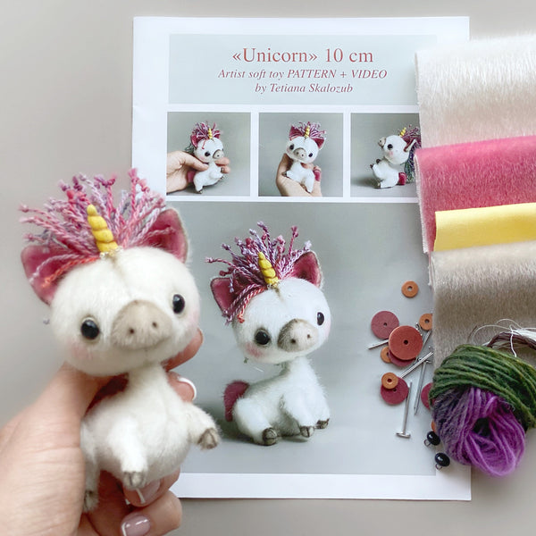 Unicorn - Sewing KIT, stuffed toy unicorn diy, gift for creative person, sewing pattern and materials, how to make a toy video tutorials