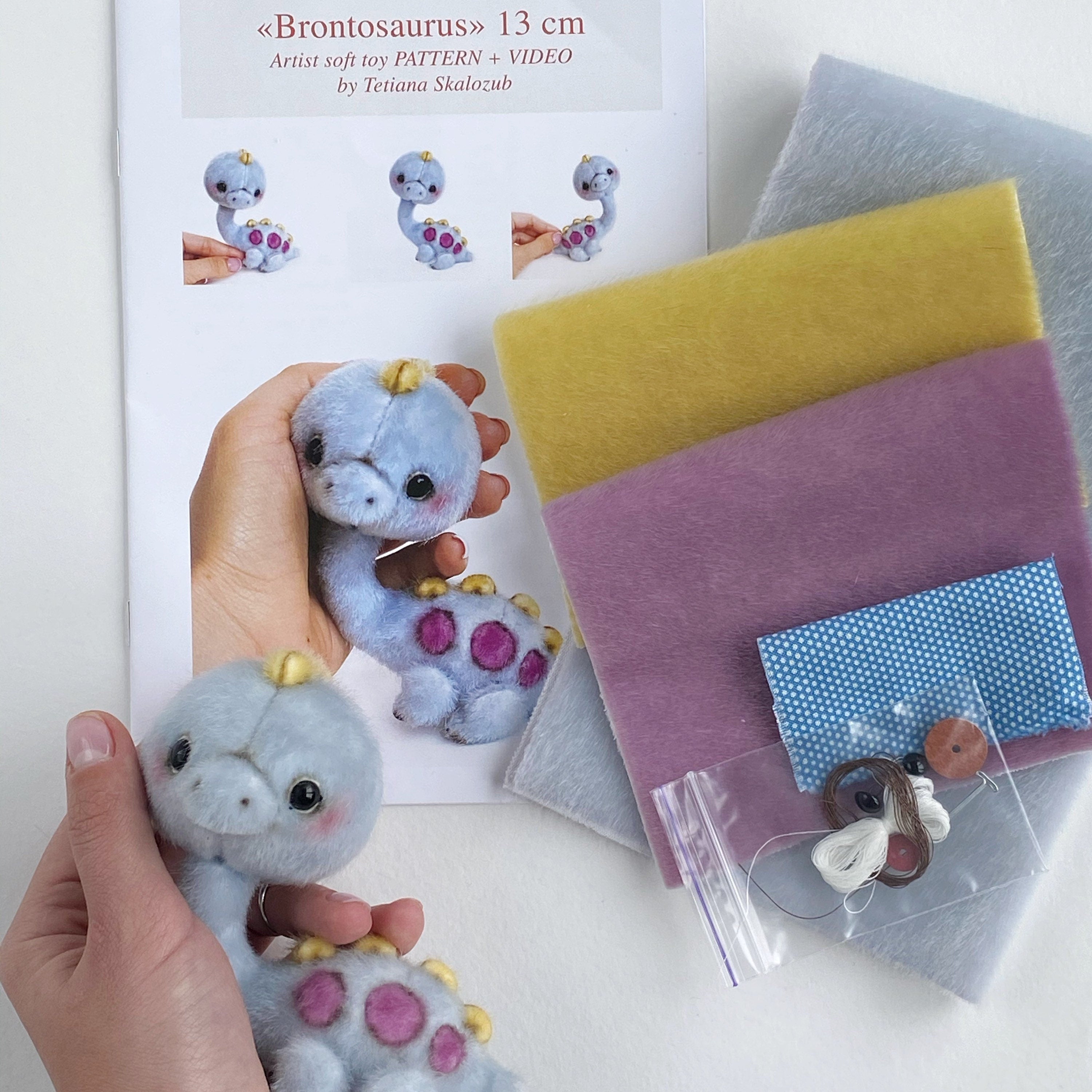 Brontosaurus dino - Sewing KIT, Video tutorial DIY stuffed toy pattern, Christmas tree decoration, softie plushie craft kit for adult