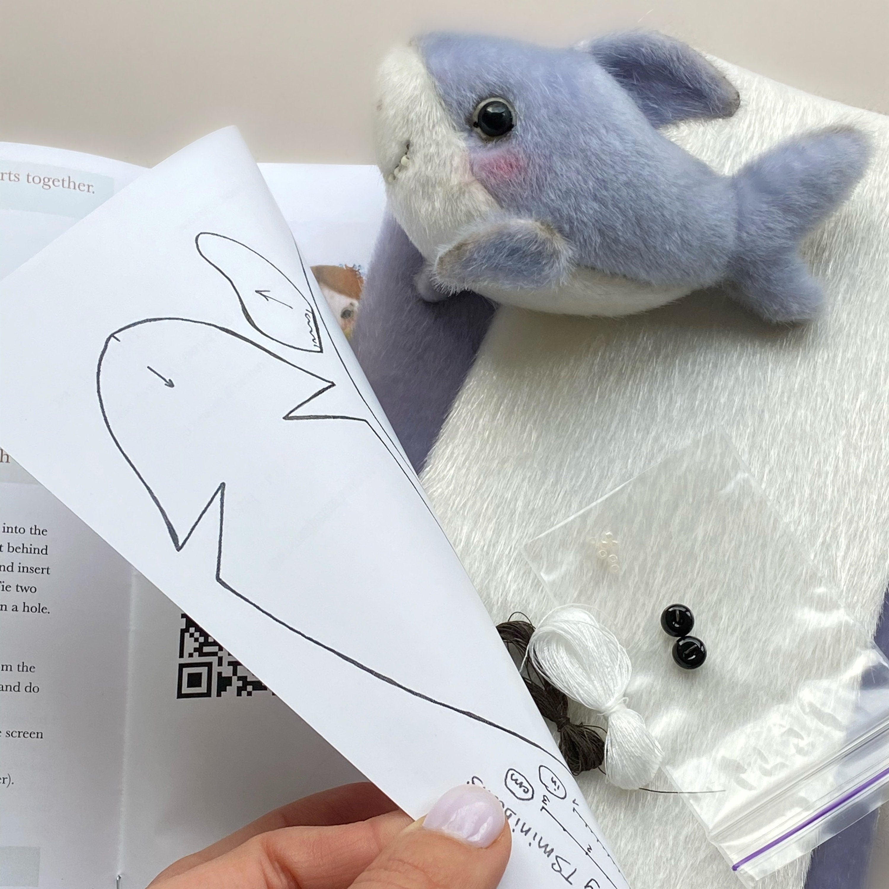 Shark - Sewing KIT, artist pattern, stuffed toy tutorials, sea animal, whale, dolphin soft toy diy craft kit for adults TSminibears