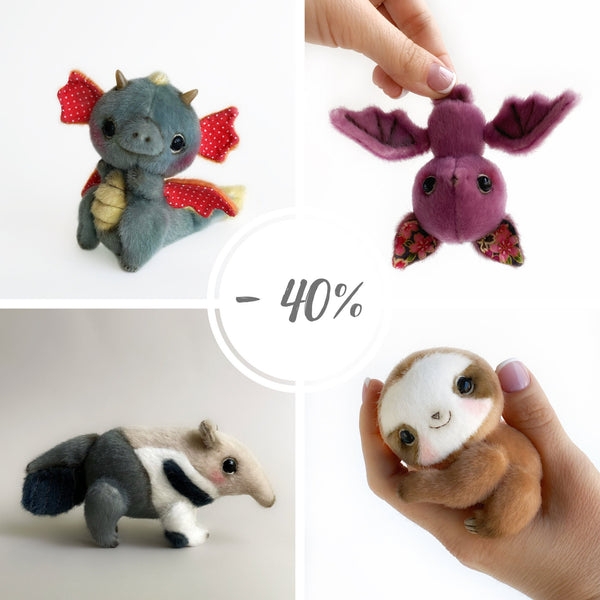 4 in 1 PATTERN Exotic animals Dragon Bat Sloth Anteater PDF sewing patterns Video tutorial DIY stuffed toy pattern kids toy easy to sew