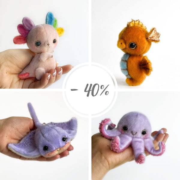 4 in 1 PATTERN Ocean Sea animals 2 Axolotl Seahorse Sting Ray Octopus PDF sewing patterns Video tutorial DIY stuffed toy kids easy to sew
